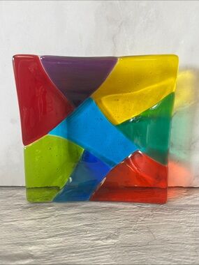 Handmade Colorful Small Fused Art Glass Trinket Treasure Dish Signed